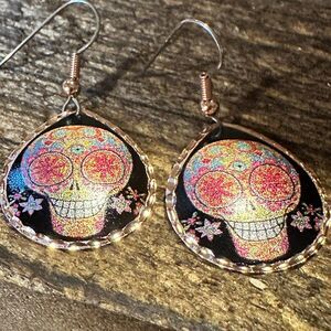 Handmade Boho Copper Earrings, Day of The Dead Wire Earrings, Gift Box